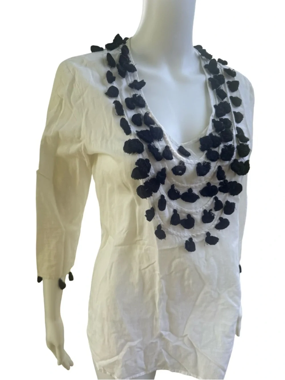 FIGUE (original) White Scoop Neck Top with Black Tassel Embellishment